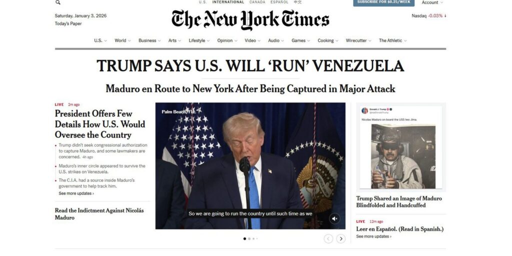 Ataque de Trump à Venezuela é ilegal e imprudente, diz New York Times