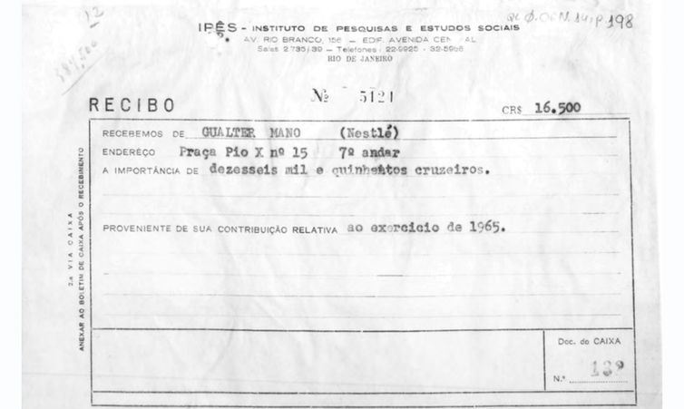 São Paulo (SP), 09/04/2026 - FOTO DE ARQUIVO - Registros das contribuições do então presidente da Nestlé Brasil, Gualter Mano, para o IPES.  Oswaldo Ballarin, Executivo da Nestlé e da Brown Boveri contratou torturador como relações públicas. Foto: Arquivo Nacional/Divulgação